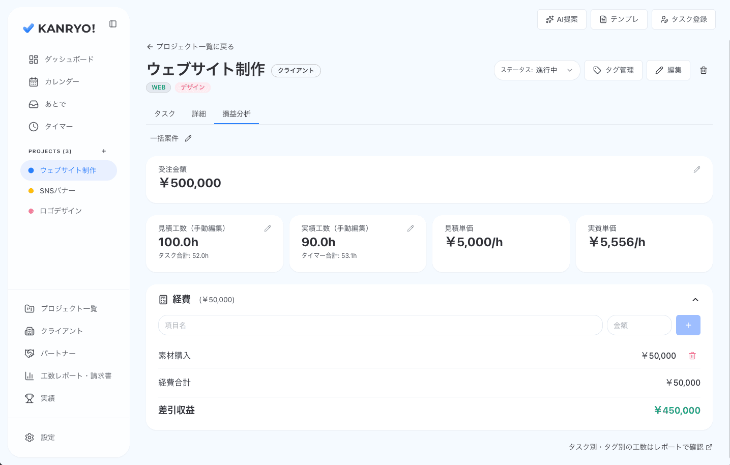 案件ごとの損益分析と時給計算の画面