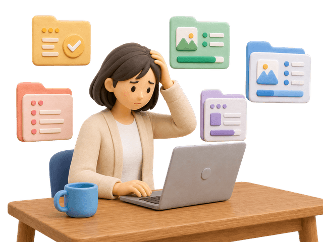 複数案件を整理するWEBフリーランスの粘土風イラスト
